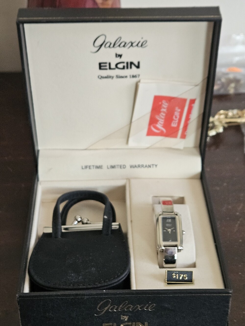 Vintage Galaxie By Elgin Ladies Watch Gift Set Black Purse Clasp Box Tag 1980s.